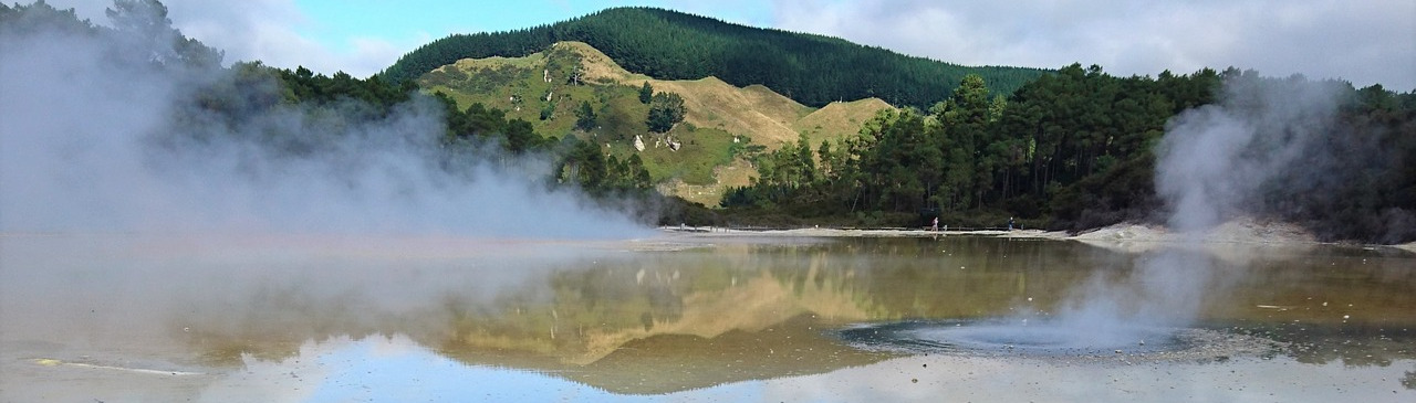 Landscape with lake, fog, forest and grasland.